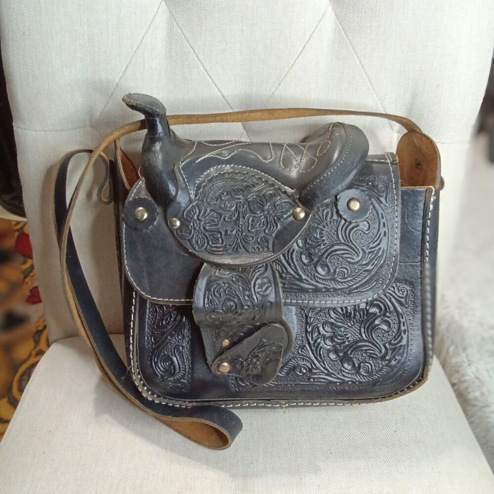 Vintage 70s Black Hand Tooled Leather Horse Saddle Purse Western Crossbody Bag